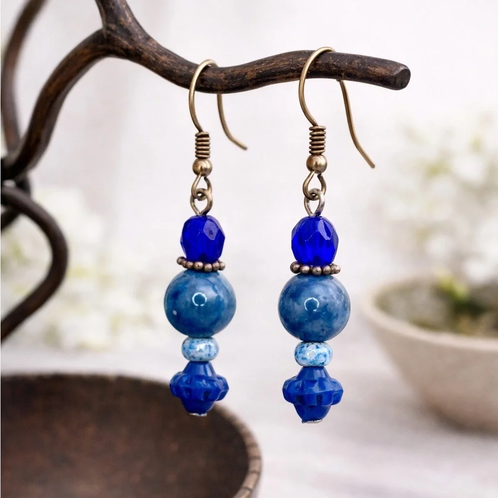 Lampwork Marbled Blue Glass Dangle Earrings | Sky Blue Beads Boho Artisan Style